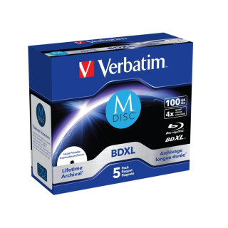 Verbatim M‑Disc BDXL 100GB Blu‑Ray Discs – 5 Pack, 4× write speed, inkjet printable, long-term archival storage. Model 43834, EA